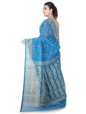 Turquoise Hand Woven Pure Cotton Saree Without Blouse 3