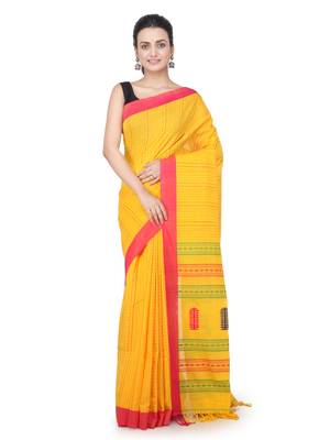 Yellow hand woven pure cotton saree with blouse 1