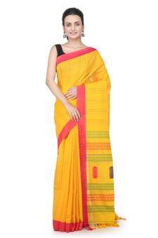Yellow hand woven pure cotton saree with blouse