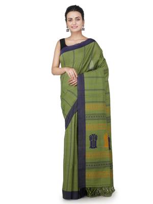 Green hand woven pure cotton saree with blouse 1