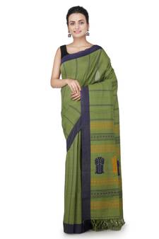 Green hand woven pure cotton saree with blouse