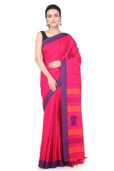 Pink hand woven pure cotton saree with blouse