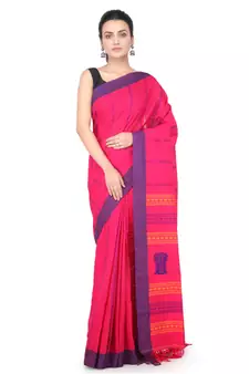 Pink hand woven pure cotton saree with blouse