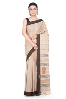 Beige hand woven pure cotton saree with blouse