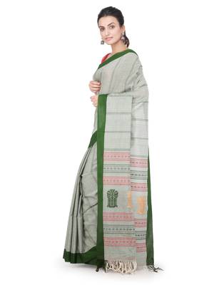 Green hand woven pure cotton saree with blouse 2