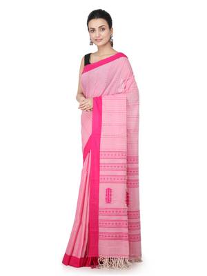 Pink hand woven pure cotton saree with blouse 1