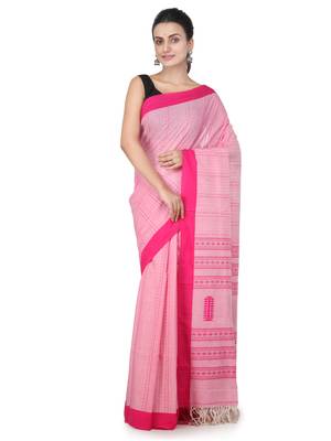 Pink hand woven pure cotton saree with blouse 2