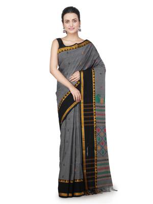 Grey hand woven pure cotton saree with blouse 1