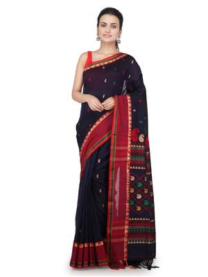 Navy blue hand woven pure cotton saree with blouse 1