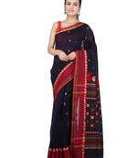 Navy blue hand woven pure cotton saree with blouse