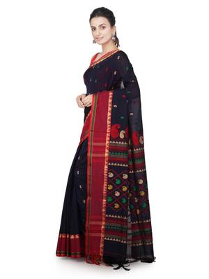 Navy blue hand woven pure cotton saree with blouse 2