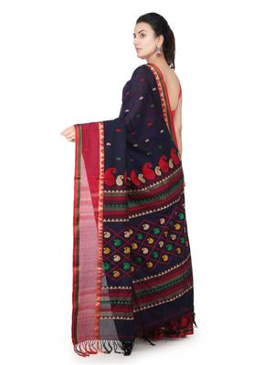 Navy blue hand woven pure cotton saree with blouse 3