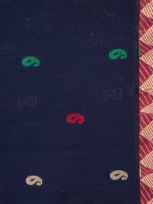 Navy blue hand woven pure cotton saree with blouse 4