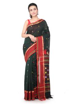 Green hand woven pure cotton saree with blouse