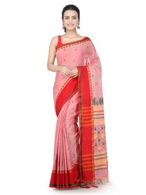Red hand woven pure cotton saree with blouse 1