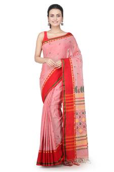 Red hand woven pure cotton saree with blouse