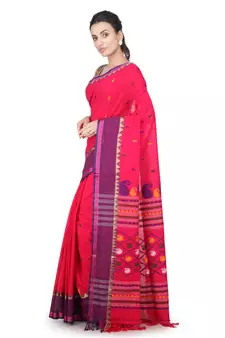 Pink hand woven pure cotton saree with blouse