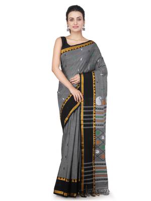 Grey hand woven pure cotton saree with blouse 1