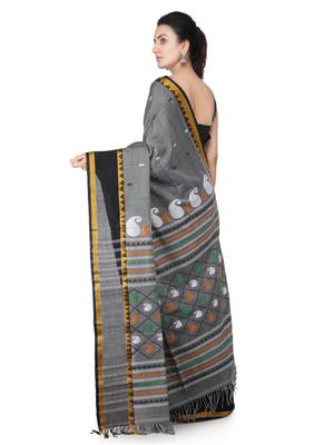 Grey hand woven pure cotton saree with blouse 3