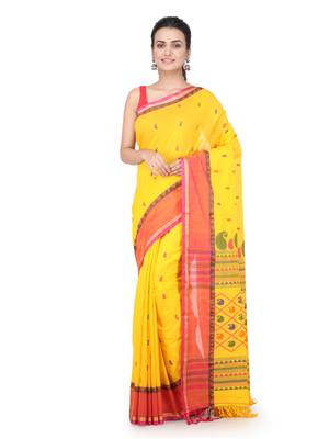 Yellow hand woven pure cotton saree with blouse 1