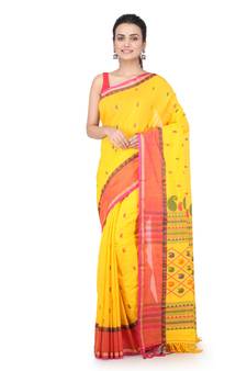 Yellow hand woven pure cotton saree with blouse
