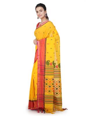 Yellow hand woven pure cotton saree with blouse 2