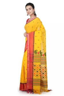 Yellow hand woven pure cotton saree with blouse