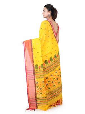 Yellow hand woven pure cotton saree with blouse 3
