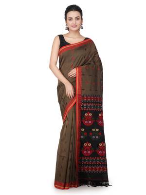 Brown hand woven pure cotton saree with blouse 1