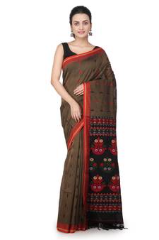 Brown hand woven pure cotton saree with blouse