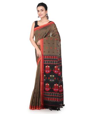 Brown hand woven pure cotton saree with blouse 2