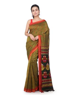 Green hand woven pure cotton saree with blouse 1