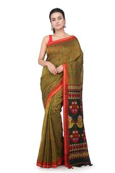 Green hand woven pure cotton saree with blouse
