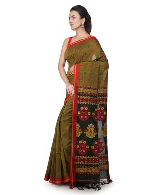 Green hand woven pure cotton saree with blouse 2