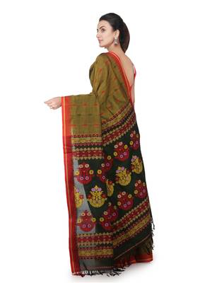 Green hand woven pure cotton saree with blouse 3