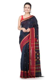 Teal hand woven pure cotton saree with blouse