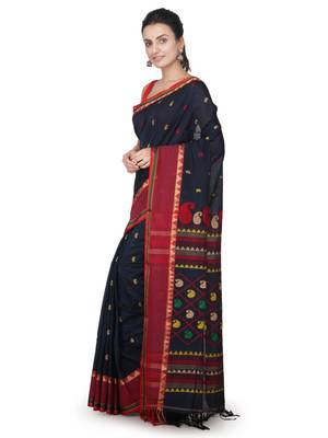 Teal hand woven pure cotton saree with blouse 2