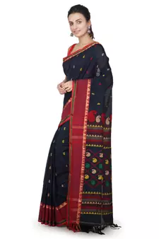 Teal hand woven pure cotton saree with blouse