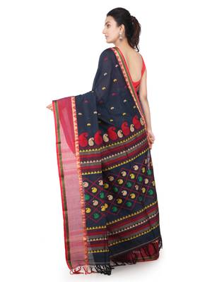 Teal hand woven pure cotton saree with blouse 3