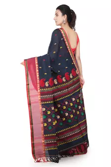 Teal hand woven pure cotton saree with blouse