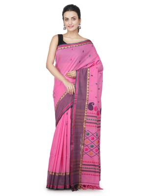 Pink hand woven pure cotton saree with blouse 1