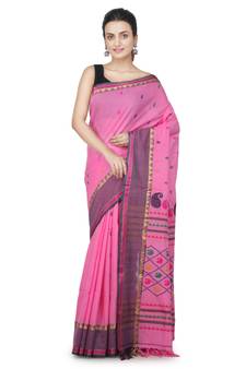 Pink hand woven pure cotton saree with blouse