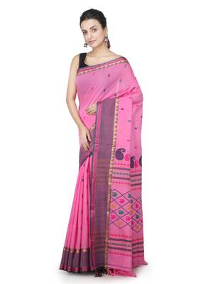 Pink hand woven pure cotton saree with blouse 2