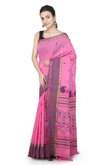 Pink hand woven pure cotton saree with blouse
