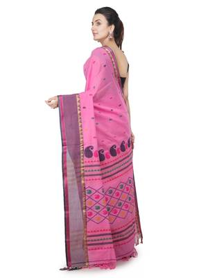 Pink hand woven pure cotton saree with blouse 3