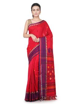 Red hand woven pure cotton saree with blouse
