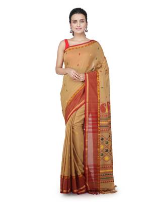 Beige hand woven pure cotton saree with blouse 1