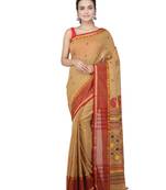 Beige hand woven pure cotton saree with blouse