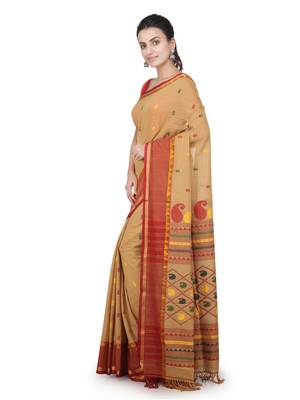 Beige hand woven pure cotton saree with blouse 2