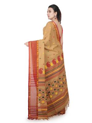 Beige hand woven pure cotton saree with blouse 3